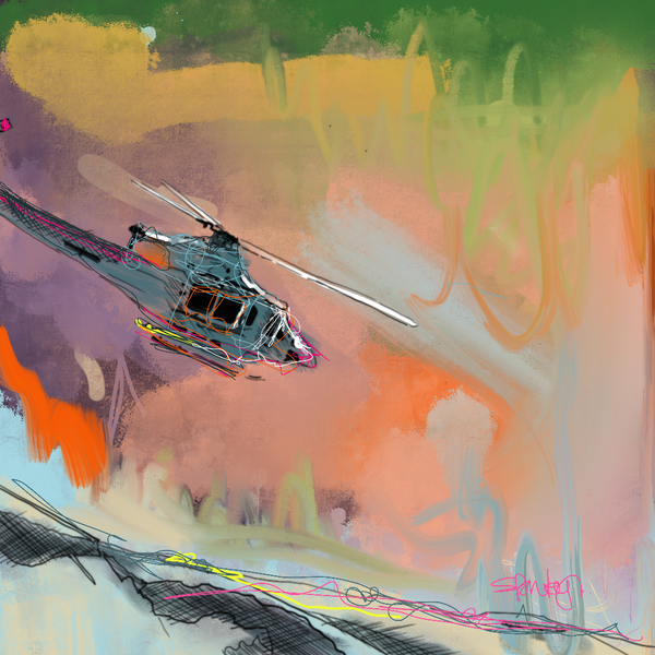 a ski mountain print showing a painterly depiction of a helicopter flying over the mountains in bold orange and greens