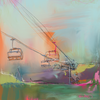 A ski painting with a colorful artistic representation of a winter ski resort scene with ski lifts and mountains.