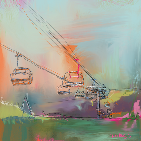 A ski painting with a colorful artistic representation of a winter ski resort scene with ski lifts and mountains.