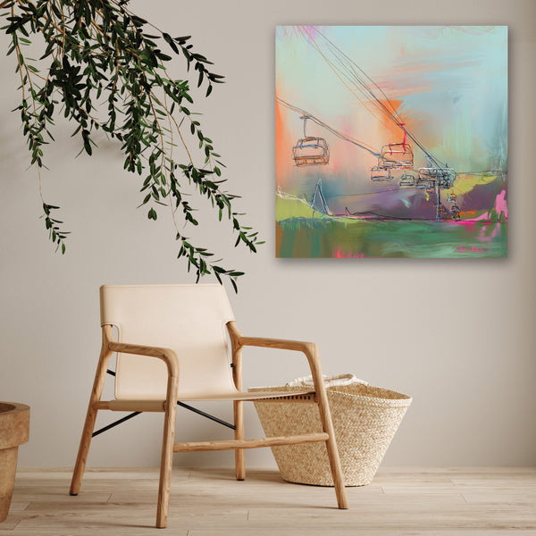 a colourful ski painting with chairlifts on a wall in a room with a chair and plant